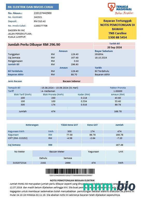Malezja Tenaga Nasional szablon rachunku za energię elektryczną w formatach Word i PDF